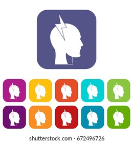 Lightning bolt inside head icons set vector illustration in flat style In colors red, blue, green and other