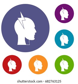 Lightning bolt inside head icons set in flat circle red, blue and green color for web