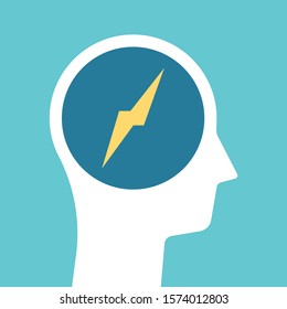 Lightning bolt inside head silhouette. Brainstorming, motivation, inspiration, moment of insight, stress and problem concept. Flat design. EPS 8 vector illustration, no transparency, no gradients
