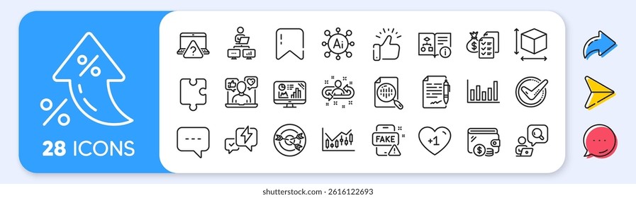 Lightning bolt, Inspect and Agreement document line icons. Interest rate, AI generate, Inflation icons. Pack of Technical algorithm, Blog, Fake news icon. Vector