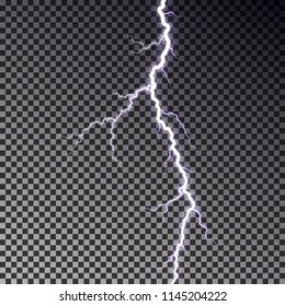 Lightning bolt isolated on dark checkered background. Transparent thunderbolt flah effect. Realistic lightning decoration pattern. Electric light on sky texture design. Editable vector illustration.