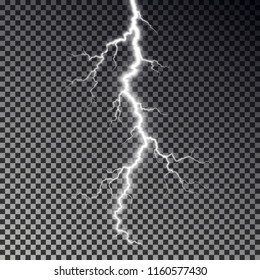 Lightning bolt isolated on dark checkered background. Transparent thunderbolt flah effect. Realistic lightning decoration pattern. Electric light on sky texture design. Editable vector illustration.
