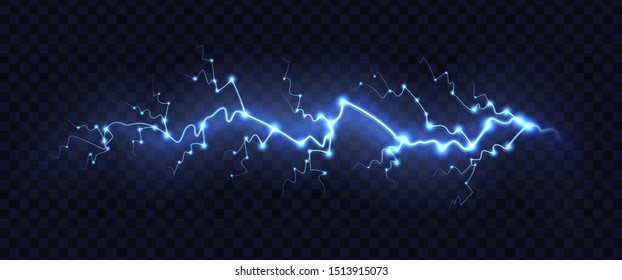 Lightning bolt isolated on transparent background. Realistic electric thunderbolt with glowing sparkles. Lighting flash effect vector illustration.