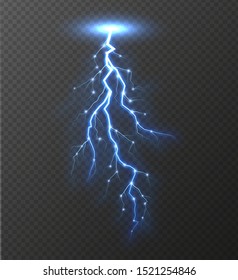 Lightning bolt isolated on transparent background. Realistic electric thunderbolt with glowing sparkles. Lighting flash effect vector illustration.