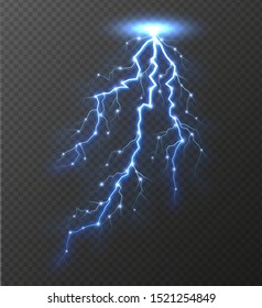 Lightning bolt isolated on transparent background. Realistic electric thunderbolt with glowing sparkles. Lighting flash effect vector illustration.