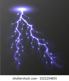 Lightning bolt isolated on transparent background. Realistic electric thunderbolt with glowing sparkles. Lighting flash effect vector illustration.