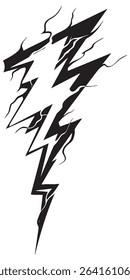 A lightning bolt with jagged edges and stylized smoke, dynamic black vector design, energetic and bold