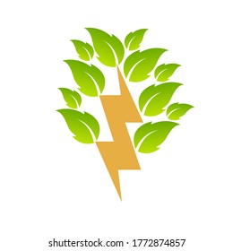 Lightning bolt with leaves. Creative symbol concept for renewable energy