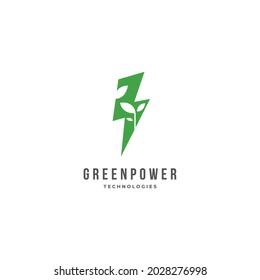 Lightning Bolt With Leaves Plant Green Power Eco Energy Logo Icon Sign Symbol Design Concept. Vector Illustration