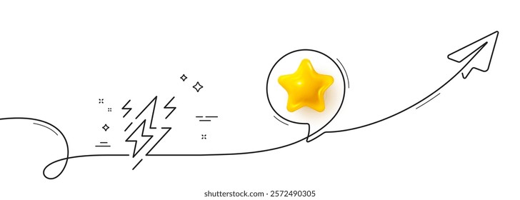 Lightning bolt line icon. Continuous line with share plane. Flash electric energy sign. Power symbol. 3d star in speech bubble. Lightning bolt single line ribbon. Loop curve pattern. Vector