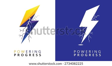 Lightning bolt logo concepts display bright yellow blue gradients and a clean white outline version emphasizing powerful electricity and forward progress across dual backgrounds.