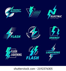 Lightning bolt logo. Electricity and flash symbols power emblem strong force thunderbolts recent vector badges templates with place for text