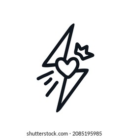 Lightning bolt logo icon sign Heart love crown symbol Power emblem Hand drawn ink sketch Cartoon children's style design Fashion print clothes apparel greeting invitation card cover flyer poster ad