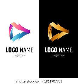 Lightning bolt media play logo concept with ribbon 3d shape