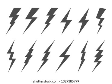 Lightning Bolt Minimal Simple Symbol. Vector Set of Black Thunder Lighting Icons. 