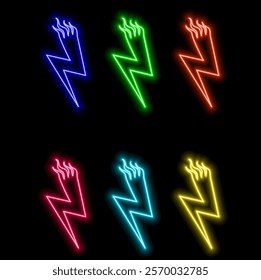 Lightning bolt neon. Energy neon set. Sign of lightning, thunder and electricity.