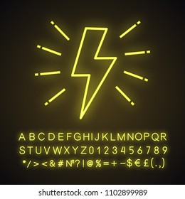 Lightning bolt neon light icon. Electricity sign. Speed and power. Glowing sign with alphabet, numbers and symbols. Vector isolated illustration