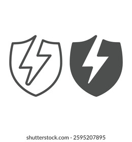 Lightning bolt on emblem line and solid icon, electrician service concept. Vector graphics. Electrical safety shield, electricity sign on white background, outline style icon for mobile or web design