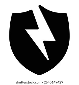 Lightning bolt on emblem solid icon, electrician service concept. Vector graphics. Electrical safety shield, electricity sign on white background, style mobile or design