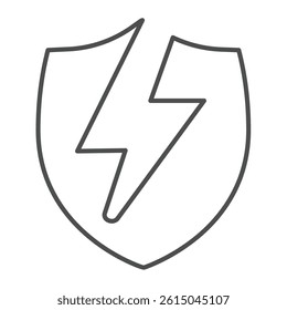 Lightning bolt on emblem thin line icon, electrician service concept. Vector graphics. Electrical safety shield, electricity sign on white background, outline style icon for mobile or web design