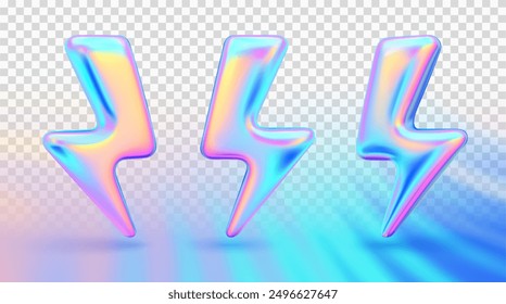 Lightning bolt on transparent background. 3d set of thunder flash or electric energy power sign. Iridescent holographic colorful thunderbolt for warning, fast, discount concept. Vector illustration.