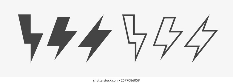 Lightning bolt outline and black icon set