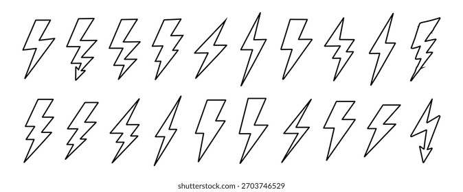 Raio conjunto de ícones de contorno de parafuso, coleção de símbolos de energia flash elétrica, sinal de ataque de linha mínima, ilustração vetorial, no fundo transparente