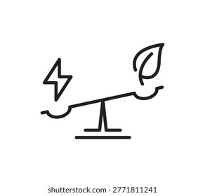 Lightning bolt outweighing leaf on balance scale for sustainable energy icon