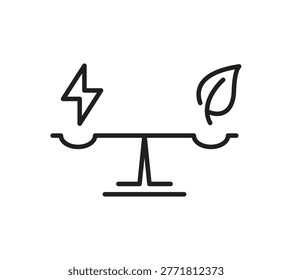 Lightning bolt outweighing leaf on balance scale for sustainable energy icon