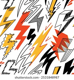 Lightning bolt pattern. Seamless print of cute electric energy flashes cartoon sketch style, trendy hand drawn lightning doodle motif. Vector texture.