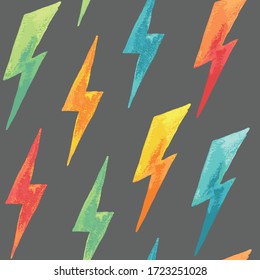 Lightning bolt pattern. Vector seamless surface design. Watercolor texture. Colorful motifs on grey background.