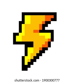 Lightning bolt in pixel art style like in old video games of 80's-90's. Symbol of thunderbolt, High Voltage icon.