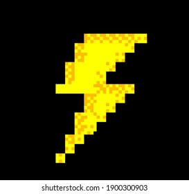 Lightning bolt in pixel art style like in old video games of 80's-90's. Symbol of thunderbolt, High Voltage icon.