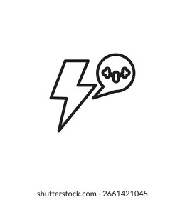 A lightning bolt pointing towards a speech bubble containing a stylized clenched fist with impact lines. Represents a powerful message, energetic communication, or impactful statement.