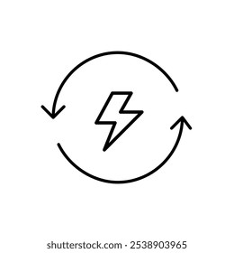 Lightning bolt in refresh arrows. Fast recharge, power battery or electronics recycling. Pixel perfect, editable stroke icon