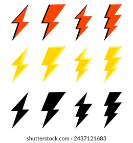 Lightning bolt retro icons set. Thunder symbols. Lightning strike vector illustration isolated on white background.