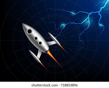 Lightning bolt with rocket concept abstract vector blue technology background with in circle 