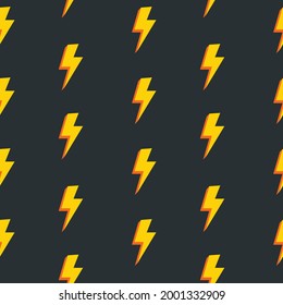 Lightning bolt seamless vector pattern. Bold, minimal graphic with yellow bolts of lightning on charcoal background. Thunder, electricity, power, energy, storm themed design. Repeat wallpaper texture.