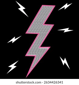 Lightning bolt with sequin fill and neon pink outline, fashion design