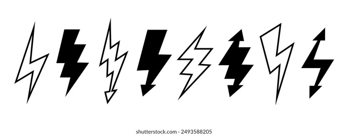 Lightning bolt set. Black and outline thunder bolt symbol collection. Flash thunderbolt element pack for poster, banner, graphic design, card. Strike arrow signs bundle. Vector