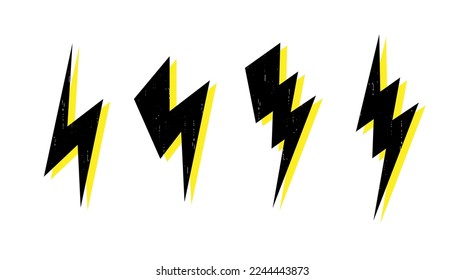 Lightning bolt set. Black and yellow thunderbolt collection. Flash symbols. Lightning strike signs. Vector 