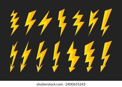 Lightning Bolt Set Collection on black background, electric strikes, flash of Thunderbolt Icon, lightning stop, danger, warning energy speed power bolt. vector illustration