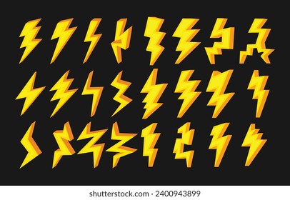  Lightning Bolt Set Collection on black background, electric strikes, flash of Thunderbolt Icon, lightning stop, danger, warning energy speed power bolt. vector illustration