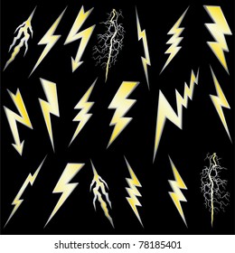 Lightning bolt set. Gold lightning with silver border. Vector.