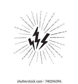 Lightning bolt set. Grunge strike icon. Power sign. Thunderbolt with ray beams