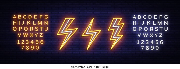 Lightning bolt set neon signs. Vector design template. High-voltage neon symbol, light banner design element colorful modern design trend, bright sign. Vector. Editing text neon sign