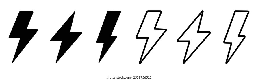 Lightning bolt set. Power icon. Energy icon. Thunderbolt symbol. Electrical sign.  Flash logo collection. Flash lightning bolt icons. Flash thunder power icons. Electric lightning bolt symbols.