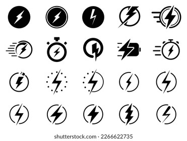 Lightning bolt set. Thunderbolt flat style. Lightning, electric power vector logo design element. Energy and thunder electricity symbol concept. Lightning bolt sign in the circle. fast charge icon set