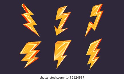 Lightning Bolt Set, Thunderbolts of Different Shapes Vector Illustration