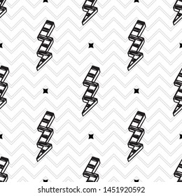 Lightning Bolt Signs Vector Seamless Pattern. Chevron Striped Monochrome Background with Doodle Thunderbolts